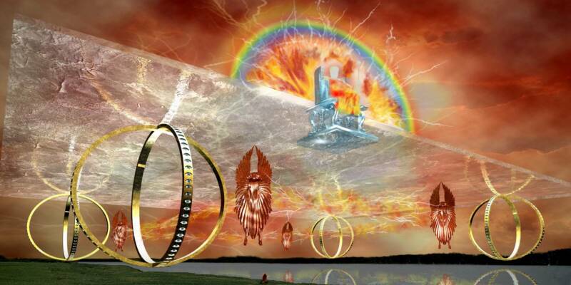 上图:以西结所见四活物的想象图。四个活物高举一个平台,上面有神的宝座,就像神的战车。