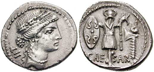 上图:罗马帝国的银币得拿利乌Denarius,上面有该撒头像和名字。
