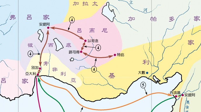上图:使徒行传第十四章的主要地点:以哥念、路司得、特庇、彼西底、别加、亚大利、安提阿。