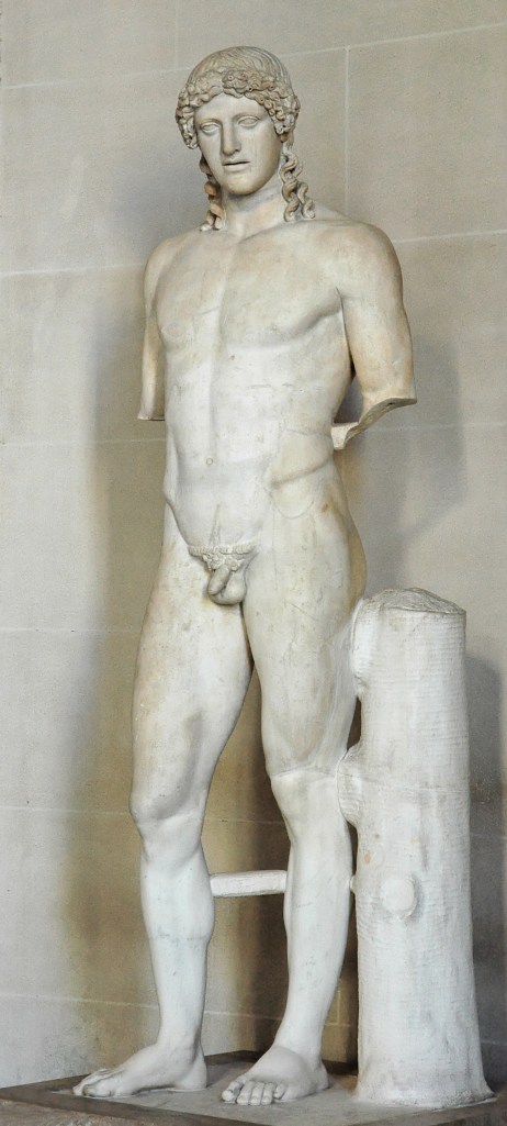 上图:被称为Apollo of Kassel的一系列阿波罗大理石像的罗马版本,1721被挖掘于意大利Paola湖附近的多米田别墅,现存于德国Kassel的Wilhelmshöhe城堡博物馆。原型是主前450年左右希腊雕刻家菲狄亚斯(Phidias)雕刻的雅典卫城蝗虫阿波罗(Apollo Parnopios Παρνόπιος)铜像,被第1-2世纪多米田时代的罗马人复制,有20多个已知的版本。启示录时代的罗马皇帝多米田热衷于崇拜阿波罗,自命是阿波罗的化身,还按蝗虫阿波罗的像铸造了硬币。阿波罗的称号Parnopios(Παρνόπιος,Parnopius )源于 πάρνοψ,意思是蝗虫之主、蝗虫杀手。