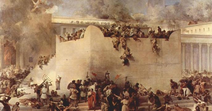 上图:主后70年埃波月第九日,罗马军队攻陷耶路撒冷。十九世纪Francesco Hayez的油画描绘了圣殿被毁、金灯台被夺的情景。