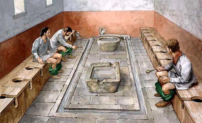 上图:古罗马的公共厕所。虽然罗马人建造了豪华的公共厕所,但这并没有使他们更洁净,因为他们用来善后的最高级的东西,是大家共享的海绵棒(Tersorium),用水冲刷一下就给下一位继续使用。