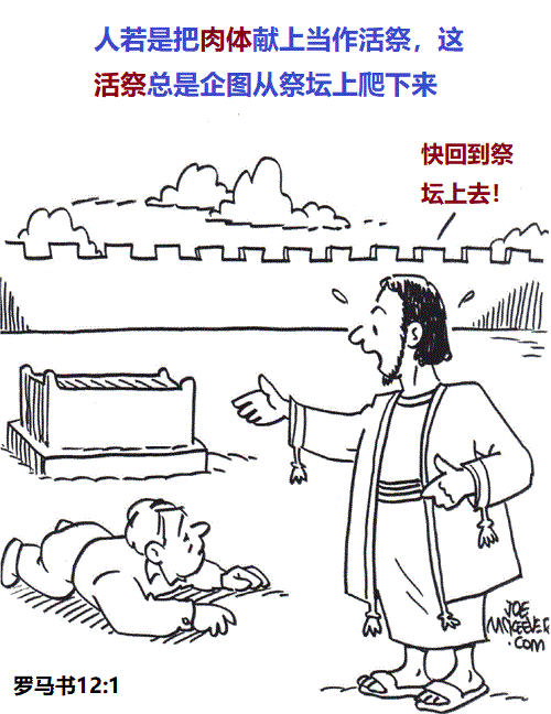 上图:漫画《活祭的麻烦》。将身体献上,不是将肉体献上。人若是将肉体献上当作活祭,这活祭总是要从祭坛上爬下来的。