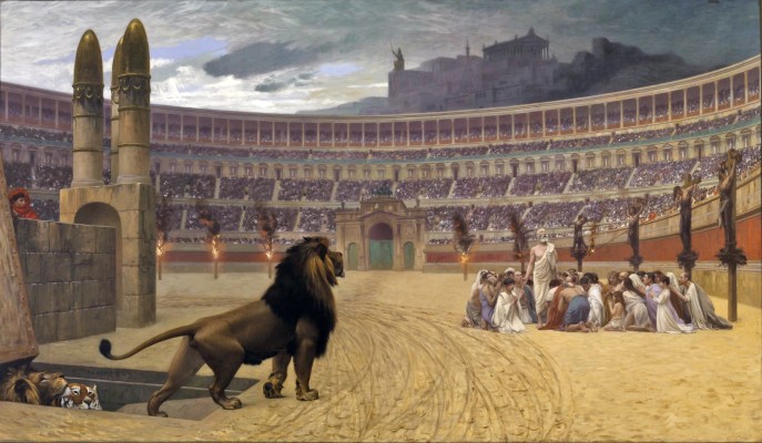 上图:油画《基督教殉道者最后的祷告 The Christian Martyrs' Last Prayer》,法国画家让-里奥·杰洛姆(Jean-Léon Gérôme)绘于1863-1883年。这幅画描绘了尼禄皇帝迫害基督徒的情景:竞技场周围的柱子上,左边是遭受火刑的基督徒,右边是被十字架处死的基督徒,中间的一群基督徒正在祷告,看台上挤满了看热闹的罗马人,远处是罗马城内高耸的神庙和偶像,近处是一群猛兽从地下甬道进入斗兽场,准备把基督徒们撕得粉碎。不管怎么逼迫,信主的人却越来越多。两百多年以后,罗马皇帝宣布基督教为国教。