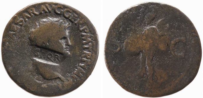 上图:被施以除忆诅咒(Damnatio memoriae)的尼禄硬币。 尼禄的脖子上盖着SPQR(元老院和罗马人民,The Senate and the People of Rome)的字样。