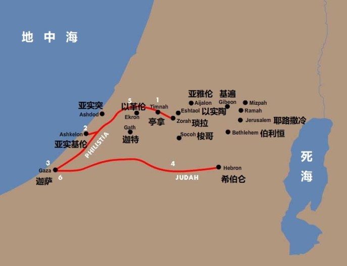 上图:亚实基伦距离亭拿约40公里,来回须走两天。参孙大老远跑到这里击杀非利士人,可能是避免被报复。