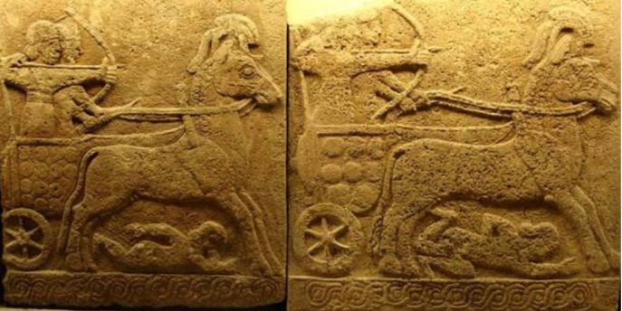 上图:主前9世纪的卡尔凯美什(Carchemish)浮雕,描绘赫人的战车轧过敌人。