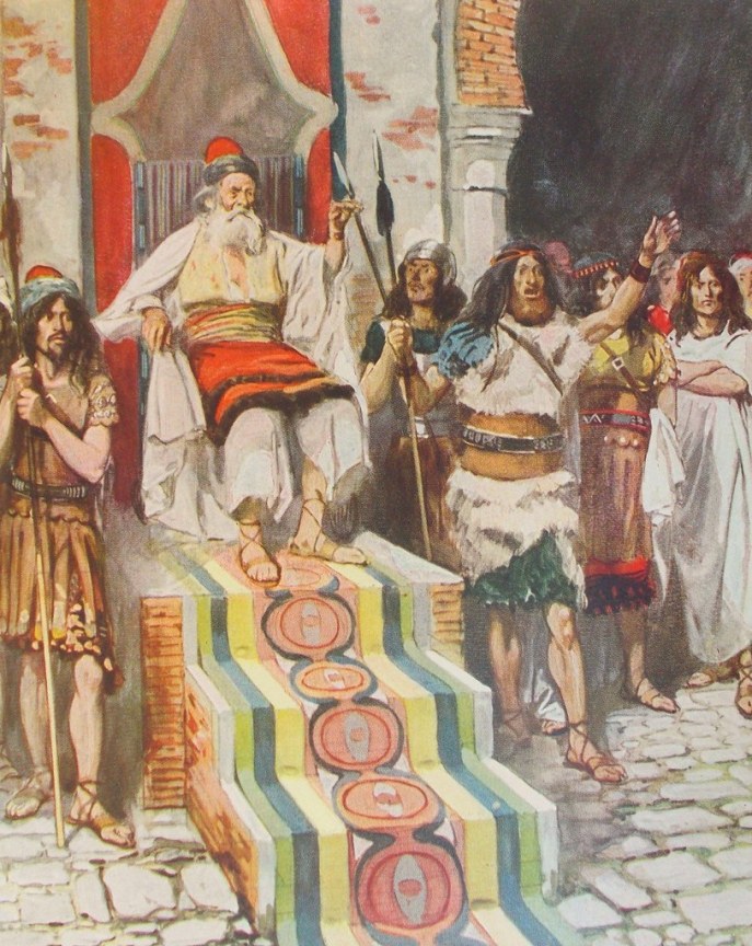 上图：19世纪末法国画家詹姆斯·迪索（James J. Tissot）的油画：大卫正坐在城瓮里，等待报信的人。