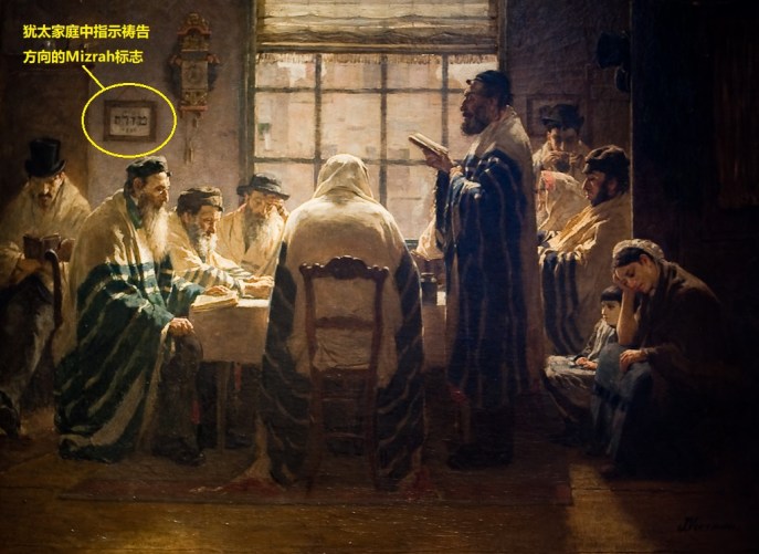 上图:油画《De Treurdagen》(Jan Voerman绘于1884年),画中左上角的墙上有犹太人家中的Mizrah标志。希伯来语Mizrah(מִזְרָח)的意思是「东方」,特指散居在耶路撒冷西方的犹太人的祷告方向,也指会堂中朝东的那面墙,或指犹太人家中用于指示祷告方向的装饰物,上面会写上Mizrah(מִזְרָח),有的还写上「从日出之地到日落之处,耶和华的名是应当赞美的」(诗一百一十三3),或画上圣地图案。根据所罗门的祷告(王上八33、44、48;代上六34),塔木德规定,犹太人在国外要面向以色列祷告,在以色列要面向耶路撒冷祷告,在耶路撒冷要面向圣殿祷告,在圣殿要面向至圣所祷告。犹太会堂通常会尽量朝向耶路撒冷的方向。如果犹太人祷告时无法确定位置,就应当将自己的心引向耶路撒冷。但以理就是面向耶路撒冷祷告(但六10)。