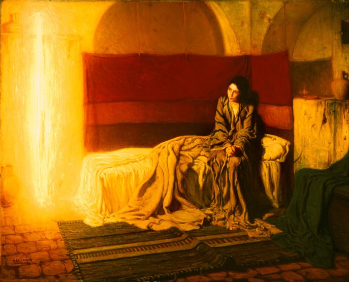上图:美国19世纪非裔画家坦纳(Henry Ossawa Tanner, 1859-1937年)创作的《天使报喜图 The Annunciation),现藏于费城艺术博物馆。天使加百列被画成一团光,与左上角的架子形成了一个十字架。而马利亚与传统绘画中的形象完全不同,是一个中东农民女性的形象。