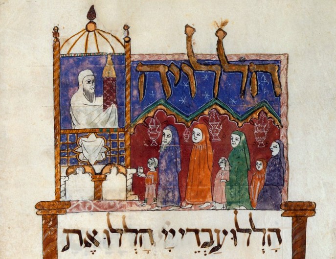 上图:1340年巴塞罗那哈加达(Haggadah)羊皮卷中的诗篇113篇插图中,描绘犹太会堂唱颂「哈利路诗篇」的情景。