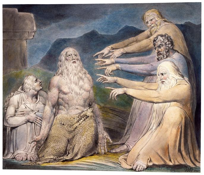 上图:英国诗人、画家威廉·布莱克(William Blake,1757-1827年)的版画《约伯被他的朋友们指责 Job Rebuked by His Friends》,描绘「公义完全人,竟受了人的讥笑」(伯十二4)。