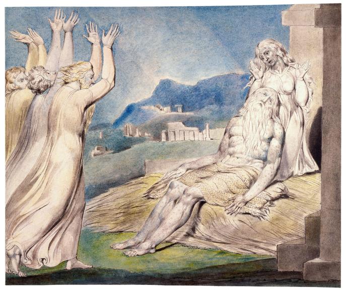 上图:英国诗人、画家威廉·布莱克(William Blake,1757-1827年)的版画《约伯的安慰者 Job's Comforters》,描绘「他们远远地举目观看,认不出他来,就放声大哭。各人撕裂外袍,把尘土向天扬起来,落在自己的头上」(伯二12)。