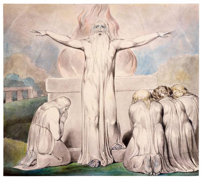上图:英国诗人、画家威廉·布莱克(William Blake,1757-1827年)的版画《约伯的献祭 Job's Sacrifice》,描绘「我的仆人约伯就为你们祈祷」(伯四十二8)。