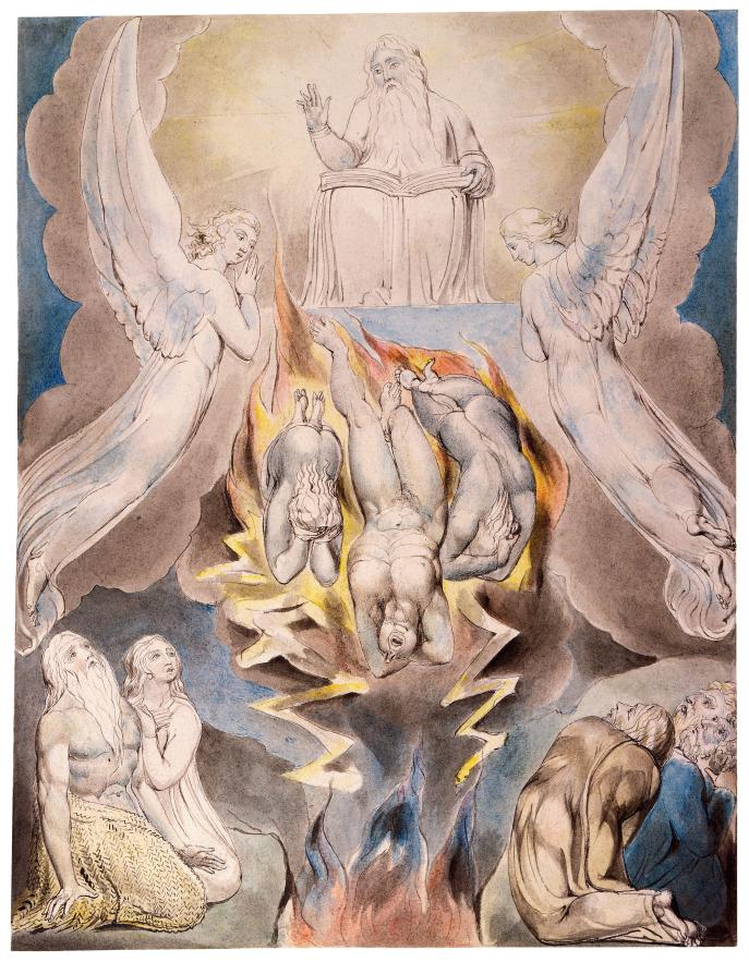 上图:英国诗人、画家威廉·布莱克(William Blake,1757-1827年)的版画《撒但的坠落 The Fall of Satan》,描绘「判断和刑罚抓住你」(伯三十六17)。