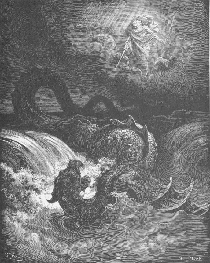 上图:法国版画家古斯塔夫·多雷(Gustave Doré,1832-1883年)1866年的木刻《利维坦的毁灭 The Destruction of Leviathan》。