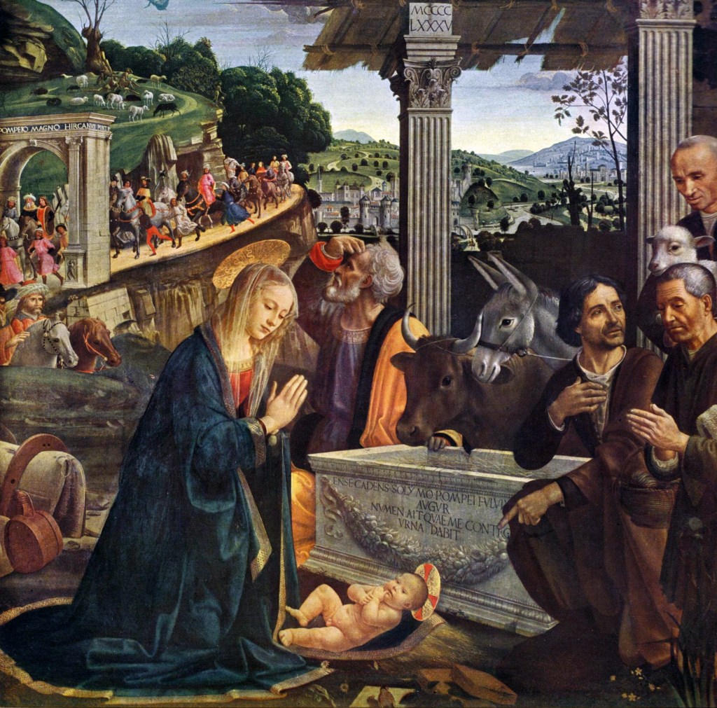 上图:意大利文艺复兴画家多米尼哥·基兰达奥(Domenico Ghirlandaio)于1485年创作的油画《牧羊人的崇拜 Adoration of the Shepherds》,画中围绕着马槽的有牛、驴和羊。圣经中并没有提到主耶稣出生时有动物在场,但有关耶稣诞生的传统名画中通常都画有牛和驴,暗示先知以赛亚所说的:「牛认识主人,驴认识主人的槽,以色列却不认识;我的民却不留意」(赛一3)。神的儿子降生在犹太地、万王之王降生在人间,连牛和驴都知道发生了大事,神的百姓却茫然无知、世人也不以为然。
