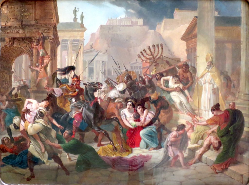 上图：油画《455年盖萨里克洗劫罗马》（Genseric sacking rome，Karl Bryullov绘于1833-1836年）。西哥特人410年洗劫罗马城后不久，向西进入高卢南部，逐走已经占领西班牙的蛮族汪达尔人。汪达尔人渡海进入北非，于439年攻克迦太基城，建立了汪达尔王国。攻占北非的汪达尔人切断了罗马的一个重要的粮食来源，他们在地中海的海盗行为也破坏了罗马帝国本身本已十分脆弱的商业网。主后455年，汪达尔国王盖萨里克应西罗马帝国皇帝瓦伦提尼安三世的遗孀尤多克西亚的求助，率领大批舰队渡海北上，攻陷罗马、推翻了篡位者佩特罗尼乌斯·马克西穆斯，将尤多克西亚和她的两个女儿尤多西亚、普拉西迪亚带回迦太基软禁。罗马城被劫掠一空，劫后的罗马仅存居民7000人。