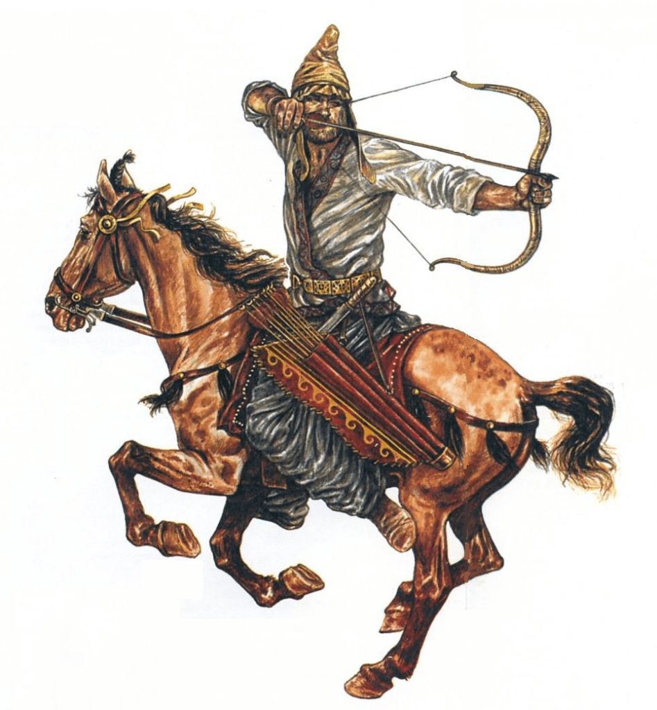 上图:帕提亚回马箭(Parthian Shot),又称安息回马箭,是一种由帕提亚人所发扬光大的弓骑兵战术。帕提亚人善于骑射,弓骑兵是安息帝国军中的主力。当年安息弓骑兵作战时广泛采用一种战术:于战场上佯作(或实际)撤退,引诱敌人(通常为骑兵)追赶。当敌人追至近身时,突然转身向身后的敌人发箭。由于距离较近,无须高超射术即可重创敌方。帕提亚人利用这一战术,在主前53年的卡莱战役(Battle of Carrhae)中战胜了罗马帝国。由于当时还没有发明马镫,骑手完全倚靠腿部的压力来引导马,所以这种战术需要精湛的马术技巧,后来主要在游牧民族的弓骑兵中普及。