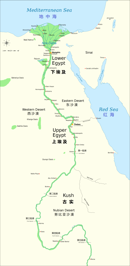 上图:尼罗河从南向北流经古实、上埃及、下埃及,将沙漠分开,并在地中海的入海口形成一个巨大的三角洲,所以说「他们的地有江河分开」(赛十八2)。几乎所有的古埃及遗址均位于尼罗河畔。从喀土穆(Khartoum)到阿斯旺(Aswan)之间的尼罗河有六大险滩,河水又浅又急,石头河床露出水面,在洪水季节之外无法航行。