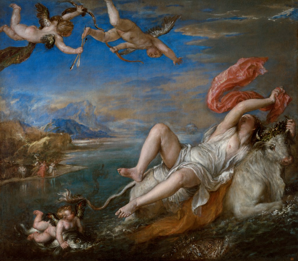 上图:油画《欧罗巴被掳 The Rape of Europa》(提香Titian,作于1560-1562年)。在希腊神话中,宙斯看中了推罗王的女儿欧罗巴,遂化身为一只雪白的公牛诱奸欧罗巴,并把欧罗巴带到克里特岛。欧罗巴和宙斯生了三个儿子,后来成为克里特岛的统治者。推罗王叫儿子们出去寻找女儿,没有找到就不要回来,结果儿子们都滞留他乡,其中卡德摩斯(Cadmus)把腓尼基字母带到了希腊。希腊人把爱琴海以西的大陆称为「欧罗巴」,成为欧洲名称的起源。孕育文明的欧罗巴和传播腓尼基字母的卡德摩斯都来自推罗,代表推罗在早期文明西传到爱琴海和欧洲的过程中所扮演的重要角色。希腊人在黑暗时期以后,重新学会了腓尼基字母,并加上母音,成为后来欧洲各类字母之祖。腓尼基的商船所带来的埃及笔墨纸张,也促进了希腊文学的萌芽。