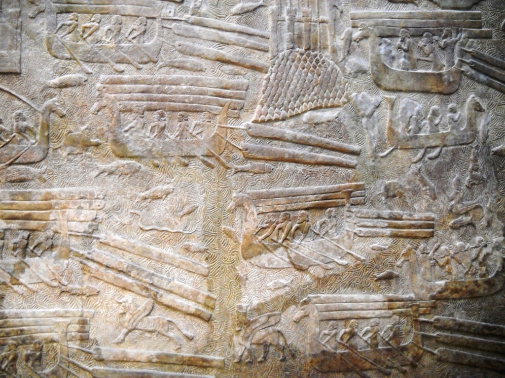 上图:主前716-713年的亚述浮雕,用一系列生动的画面描绘了腓尼基人装载、海运和卸载黎巴嫩的香柏木,用以建造亚述王的宫殿。在所罗门和所罗巴伯的时代,推罗人也用同样的方法为建造圣殿提供香柏木。该出土于杜尔·沙鲁金(Dar Sharrukin)亚述王撒珥根二世(Sargon II,主前722-705年在位)的宫殿,收藏于卢浮宫。