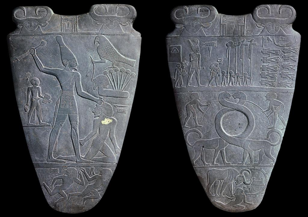 上图：主前31世纪古埃及那尔迈调色板（Narmer Palette）的正反面。调色板是用来研磨化妆品或颜料的，上面的图案描绘了那尔迈国王统一上下埃及。左图是正面，描绘那尔迈戴着上埃及王冠，右图是反面，那尔迈戴着下埃及王冠。两面的最下方都是被践踏的敌人，「以背为地，好像街市，任人经过」（赛五十一23）。