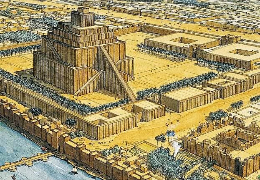 上图:巴比伦的保护神马尔杜克(Marduk)的神庙(Esagila),庙中有七层神塔(Etemenanki)。巴别塔可能就是类似的建筑。