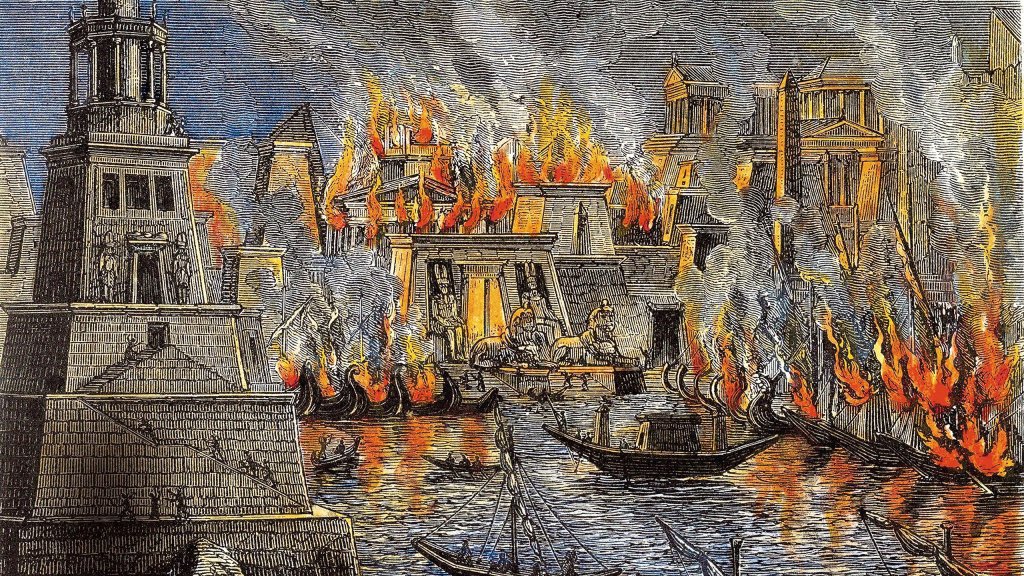 上图:1886年《埃及通史》（ Popular History of Egypt by John Westrop Watkins）中的版画：《烧毁亚历山大皇家图书馆 Burning of the Royal Library of Alexandria》。这个图书馆由亚历山大大帝于主前331 年建立，是古代世界最大和最重要的图书馆之一。它在托勒密王朝的赞助下蓬勃发展，成为希腊化世界最重要的学术中心。其中旧约圣经的希腊文《七十士译本》最初就是在这里译成并收藏。主前47年，凯撒围攻亚历山大（Siege of Alexandria）时，焚毁了位于布鲁却姆（Brucheium）的总馆，全部馆藏过半被毁。