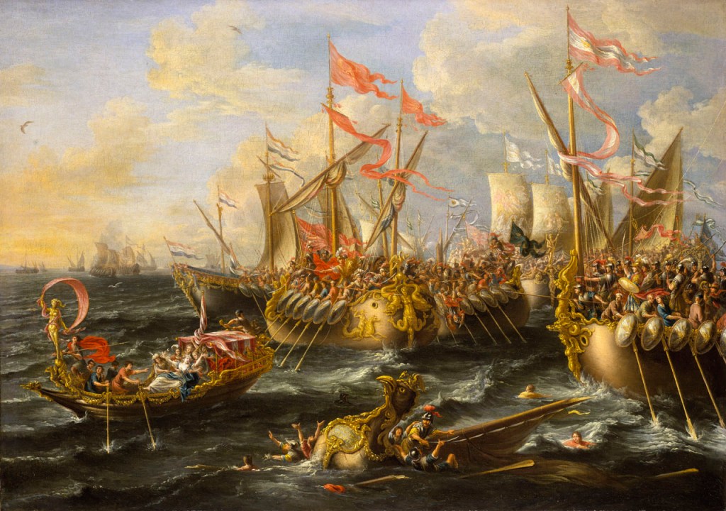 上图：油画《阿克提姆海战 Battle of Actium》，佛兰芒画家劳雷斯·卡斯特罗（Laureys a Castro）绘于1672年。主前31年9月2日，罗马共和国的两巨头安东尼（Mark Antony，主前83-30年）与屋大维（Octavian，主前63-主后14年）在希腊阿卡纳尼亚北部阿克提姆附近的爱奥尼亚海进行决战，安东尼的舰队由他的情人埃及艳后克娄巴特拉七世（Cleopatra VII Philopator，主前69-30年）支援。海战以屋大维的胜利告终。次年8月，屋大维追击到亚历山大城，安东尼和克娄巴特拉相继自杀，希腊化时代结束。主前27年，屋大维获得奥古斯都（Augustus）称号，开始了罗马帝国。